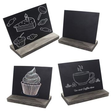 15.3x12.7x4.6cm Mini Tabletop Chalkboard Signs with Rustic Style Wood Base Stands, Set of 4,Include 3x chalks