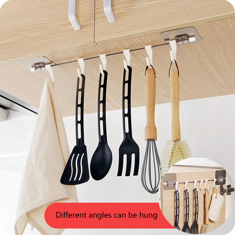 Kitchen Sliding Hook, Stainless Steel Hanging Rack Rail Organize Kitchen Tools with 6 Hooks,Pot Pan, Spoon, BBQ,shovel,dishcloth