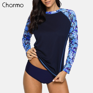 Charmo Women's Long Sleeve Rashguard Retro Floral Print Quick-drying Shirt Surfing Top Hiking Shirts Rash Guard UPF50+ T-shirts