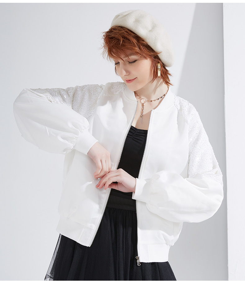 Women Zipper Sequins Baseball Jacket