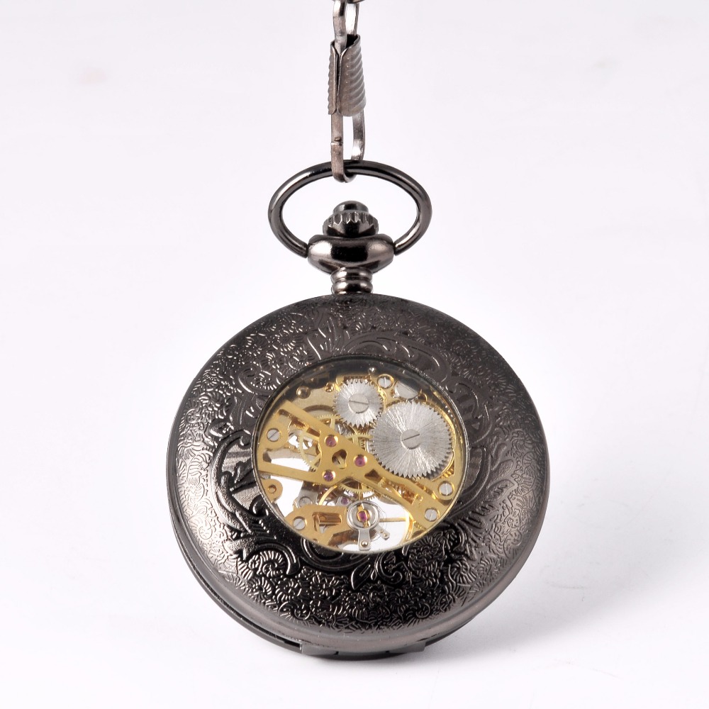 8919 Classic black steampunk skeleton mechanical pocket watch men's antique luxury pocket watch chain men's clock