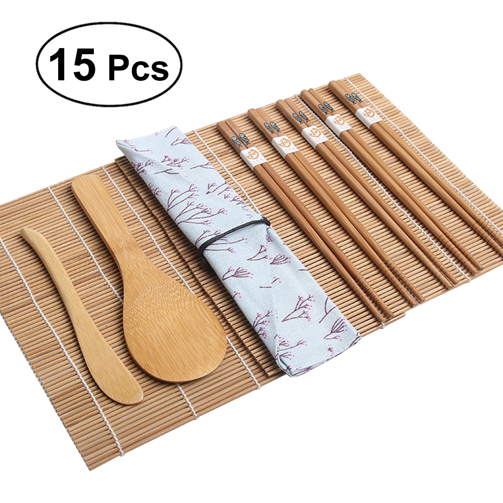 15pcs Bamboo Sushi Making Kit Sushi Tools Includes 2 Sushi Rolling Mats 1 Towl 1 Rice Paddle 1 Rice Spreader 5 Pairs Chopsticks