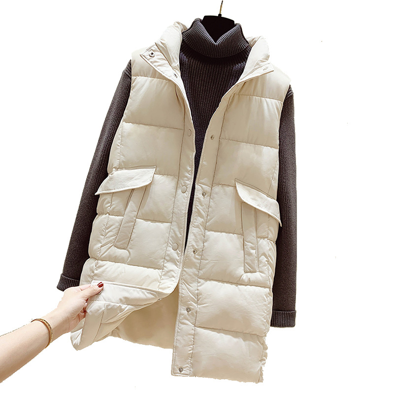 Women's down cotton vest 2021 new mid-length big pocket solid color waistcoat jacket Korean version of wild slim slim fashion