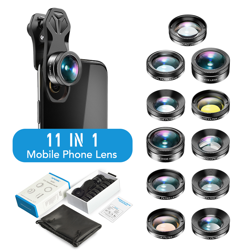 APEXEL 11in1 Phone Camera Lens Kit Fisheye Wide Angle Full/grad Filter CPL ND Macro Mobile Lenses For iPhone Samsung Redmi phone