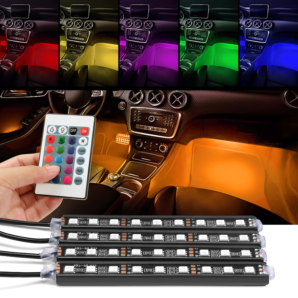 4Pcs Car RGB LED DRL Strip Light LED Strip Lights Colors Led Car Interior Light Decorative Atmosphere Lamp With Remote Control