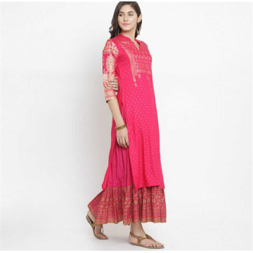 Print Costume India Woman Ethnic Styles Sets Kurtas Cotton India Dress Three Quarter Sleeve Costume Elegent Lady Long Top Skirt