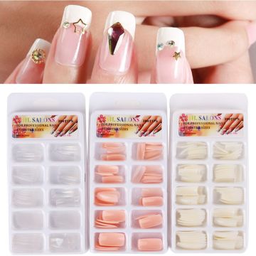 100PCS Clear Acrylic Fake Nail Light Pink French False Nails DIY Nail Art Squoval Full Wrap Manicure Product with Glue Sticker