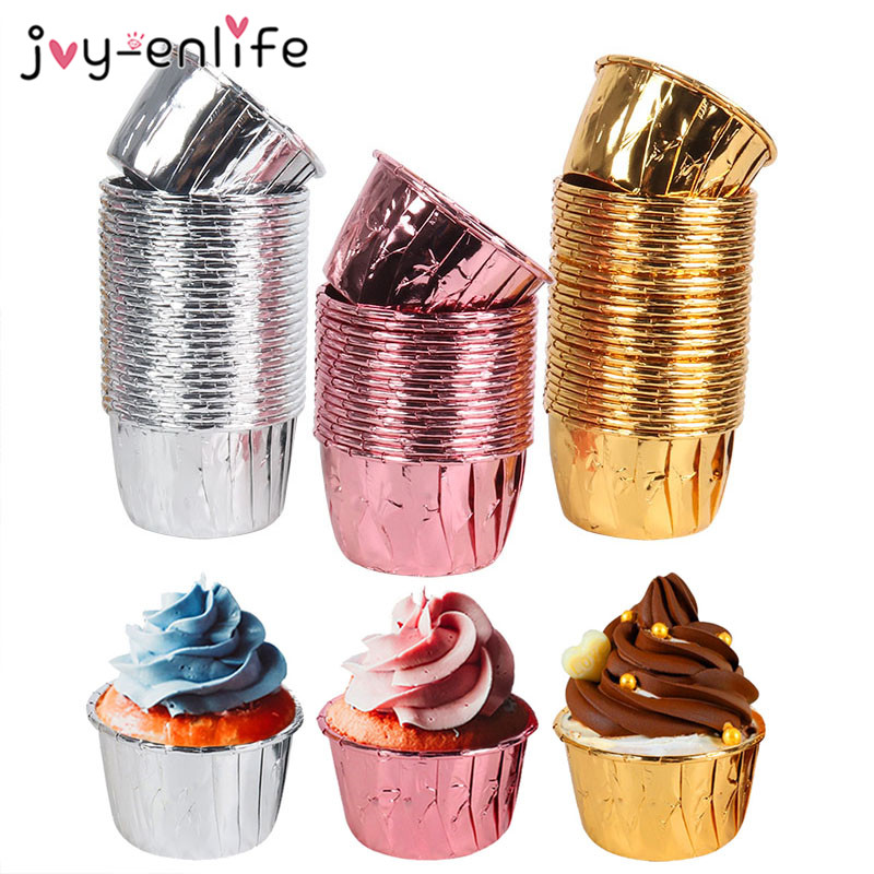 50pcs Aluminum Foil Muffin Cupcake Paper Cups Birthday Cake Decoration Baking Cup Case Tray Wedding Party Home Cake Mold tools