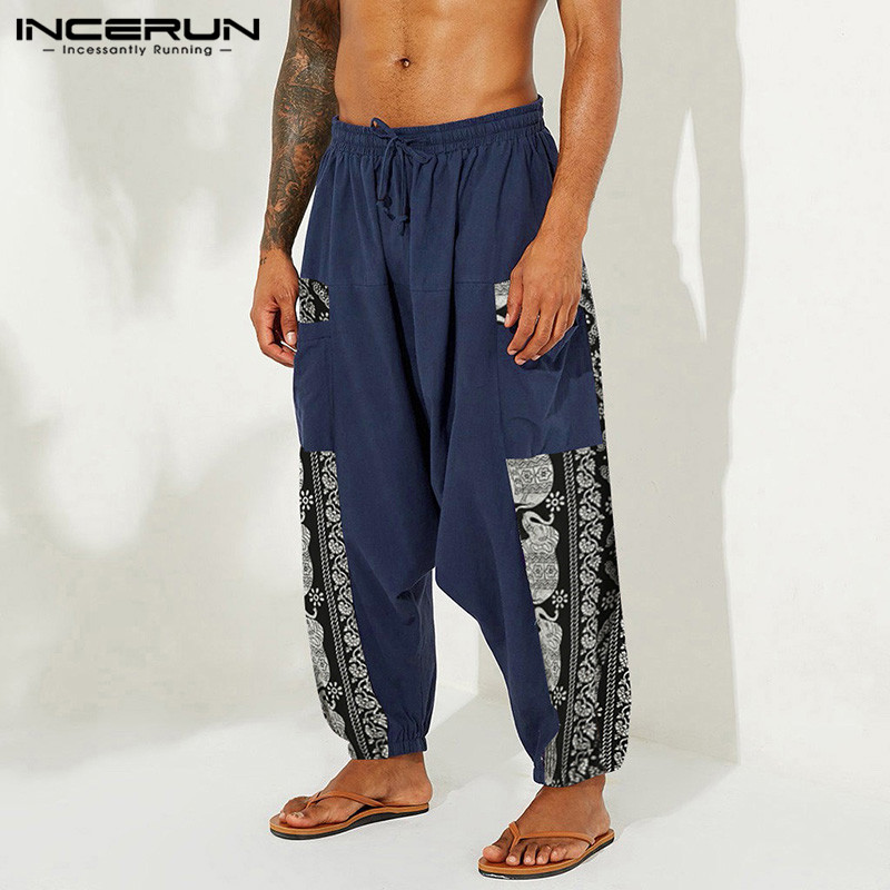 INCERUN Printed Men Harem Pants Vintage Cotton Joggers Drop Crotch Trousers Drawstring 2020 Loose Streetwear Casual Chic Pants 7