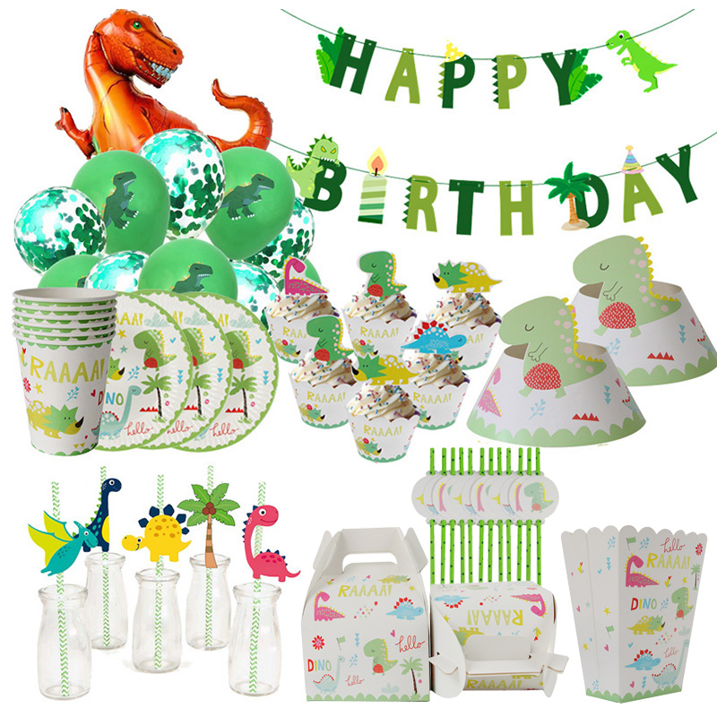 Dino Party Supplies Dinosaur Balloons Paper Straws Disposable Tableware Set Kids Boy Birthday Party Decoration Jungle Party