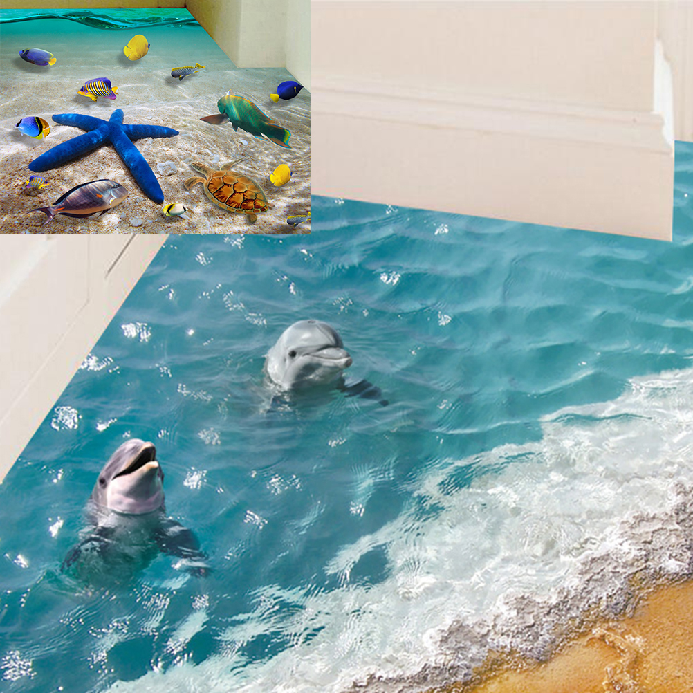 60*90cm Cute 3D Dolphin Floor Stickers Waterproof Bathroom Starfish wall stickers floor sticker tiles For Kids Room Gift