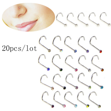 20pcs/lot Stainless Steel Crystal Rhinestone Nose Studs Hooks Bar Pin Nose Rings Body Piercing Jewelry For Women