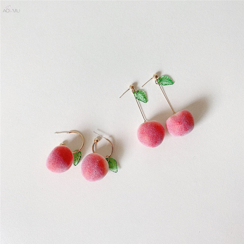 AOMU 1Pair 2020 Fashion Flocking Peach Earrings for Women Cute Fruit Earring Party Wedding Jewelry Gifts