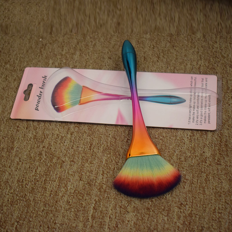 Professional rainbow fan shape single makeup brushes thin waist handle colorful brush Scattered powder fan blush brush