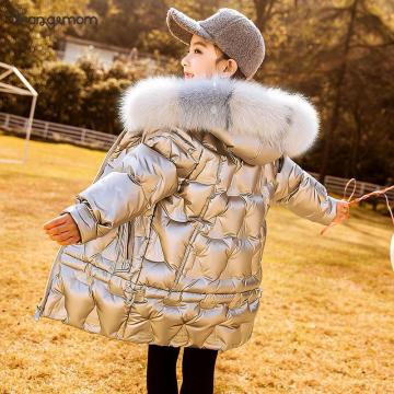 Children Winter Coat Boys Jacket With Big Fur Hooded Duck Down Long Style Fashion Shiny Snowsuit Kids Teen Girls Boys Outerwear