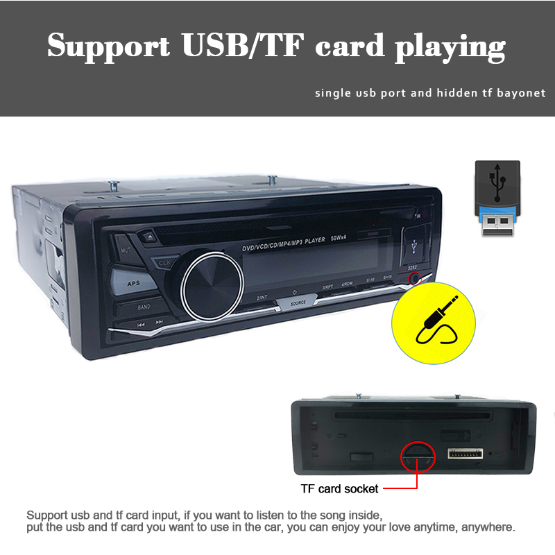 1 DIN FM AUX IN USB SD card Car Radio Stereo BT Bluetooth CD DVD MP3 player With Remote Control Audio Music Removable panel