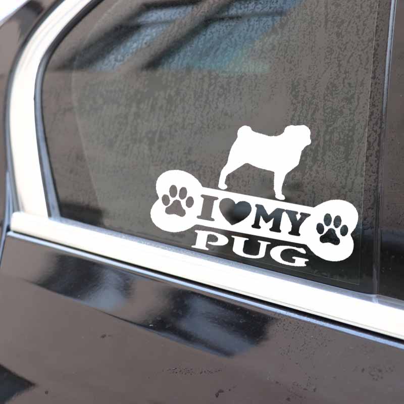 YJZT 14.9X10.2CM I Love My Pug Bone Car Sticker Pug Dog Vinyl Decal Art Decor Black/Silver C24-1525