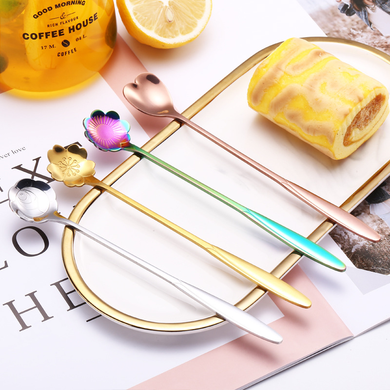 1PC Long Handled Flower Heart Stainless Steel Coffee Bar Tools Spoon Ice Cream Dessert Tea Spoon for Picnic Kitchen Accessories