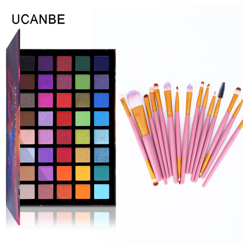 UCANBE Spotlight Eyeshadow Palette with 15pcs Makeup Brushes Dazzling Sparkle Eye Shadow Metallic Pigmented Powder Makeup Set