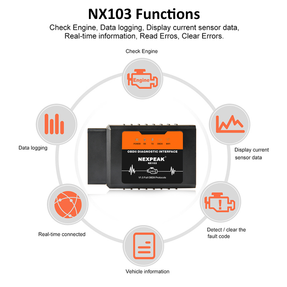 NEXPEAK NX103 ELM327 V1.5 WIFI OBD2 Scanner Car Diagnostic Tool Pic18f25k80 Obd2 Scaner Auto Diagnostic Scanner ELM327