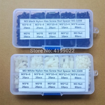 300pcs/set M3 Nylon White or Black Male-Female M-F & Female-Female F-F Hex Spacers Screw Nut Assortment Kit Stand-off Box