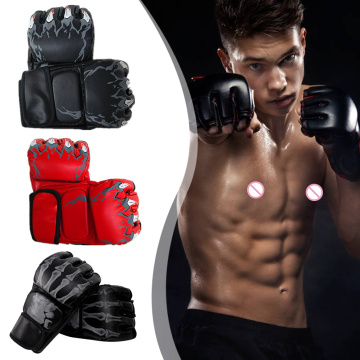 1 Pair Printing Thickened Sports Leather MMA Fighting Kick Boxing Gloves Muay Thai Sanda Training Fighting Half Finger Gloves