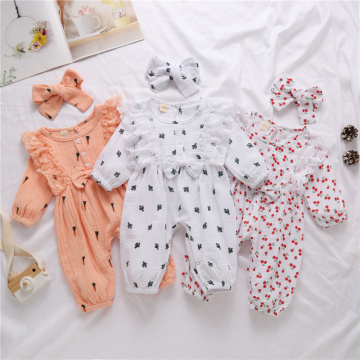 Baby Girl’s Long-Sleeved Jumpsuit Fresh Cherry Cactus Carrot Printing One-Piece Long Pants And Headband