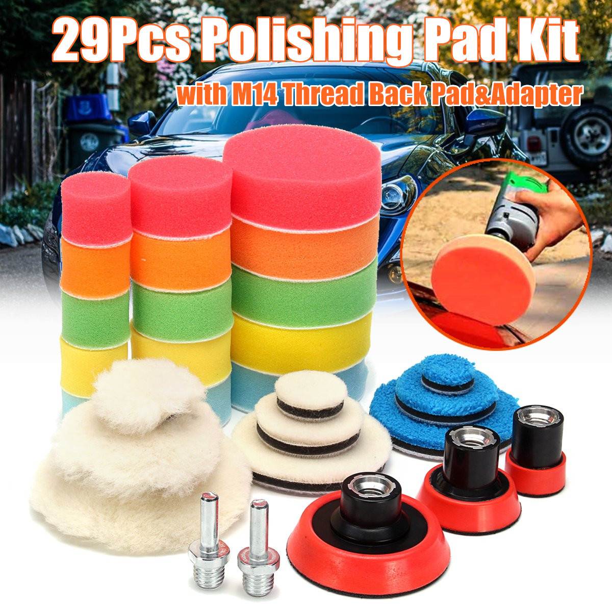 29Pcs Polishing Pad In Polishing Disc Buffing Pad 1-3 inch Auto Car Polishing pad for Car Polisher +Drill Adaptor M14 Power Tool