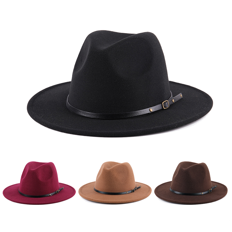 Unisex Jazz Hat Solid Black Winter Autumn Wide Brim Woolen Fedoras British Retro Flat Top Hat for Women Men Cowboy Caps