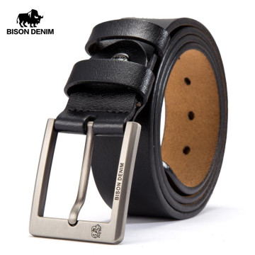 BISON DENIM Cowskin Belt Men Accessories Cowboy Genuine Leather Belts For Men Vintage Pin Buckle Mens Belts Gift For Man N71015