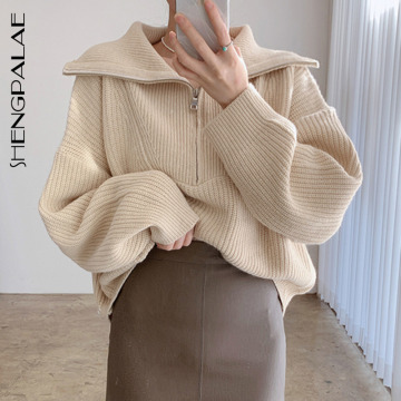 SHENGPALAE 2021 Spring Women's Sweater Fashion Thick Warm High-neck Large Size Long Sleeve Zipper Knitted Pullovers Tops 5A311