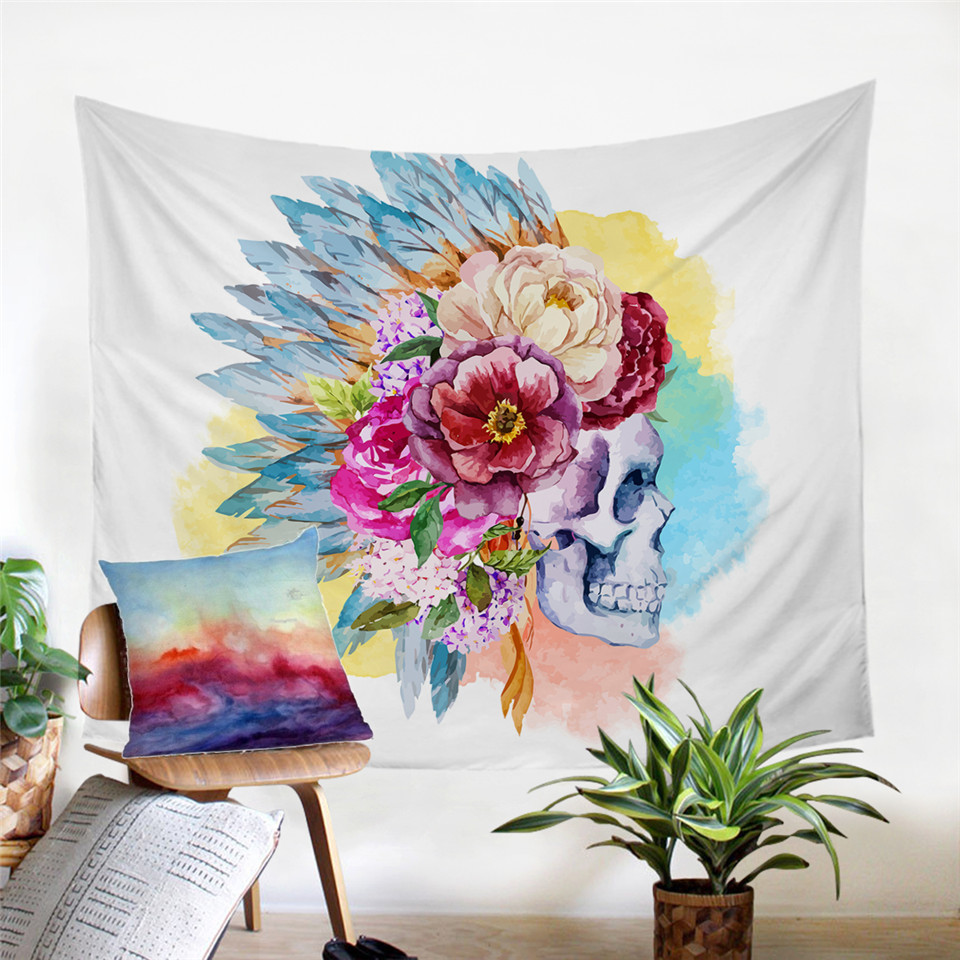 BeddingOutlet Sugar Skull and Floral Tapestry Flowers Printed Microfiber Wall Hanging Home Decor Bedlinen Sheet Art Carpet