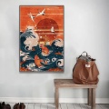 Canvas Art Print Painting Poster Japanese Style Landscape Painting Wave Crane Red Sun Wall Pictures Home Decoration Living Room