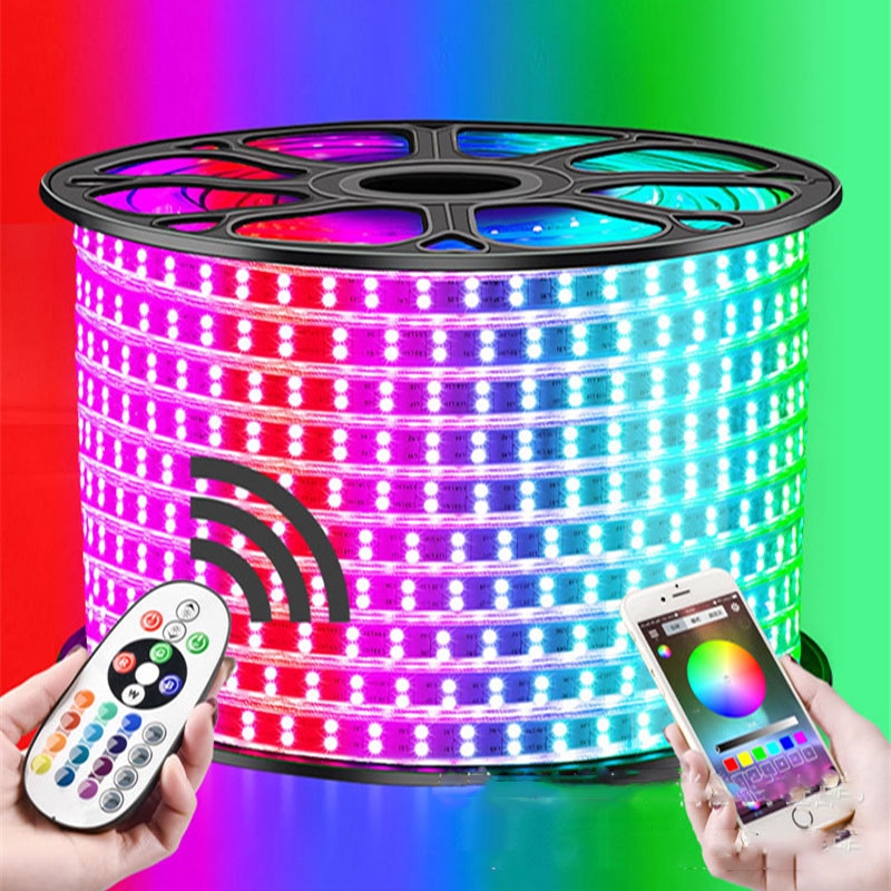 1-12M Double Row RGB LED Strip 120LEDs/M 5050 220V Color Change Light Tape IP67 Waterproof LED Rope Light +IR Bluetooth Control