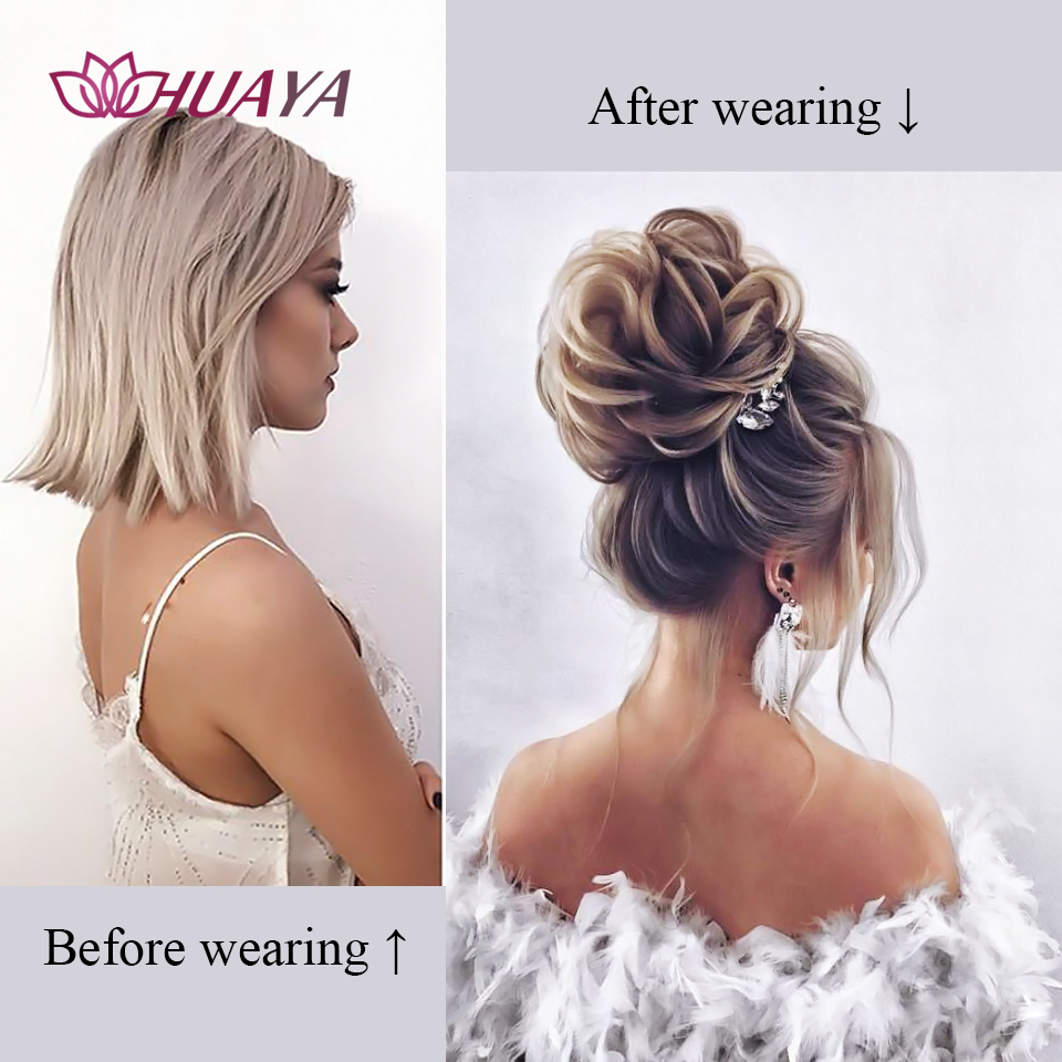 HUAYA Synthetic Curly Chignon Messy Scrunchie with Elastic Rubber Band Short Straight Updo Hairpieces Buns Wrap on Ponytail