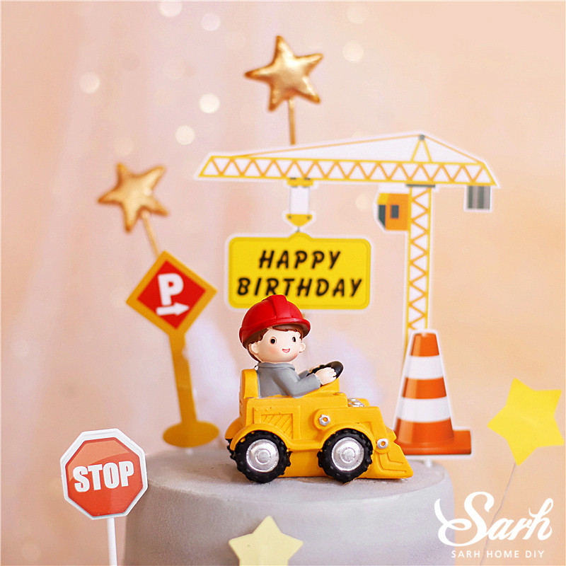 Engineering Construction Vehicle Decoration Traffic Sign Star Cake Topper for Birthday Party Baby Shower Baking Supplies Gifts
