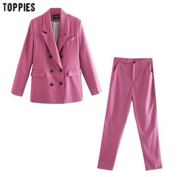 toppies 2020 autumn blazer + pant two peice set women double breasted suit jacket high waist pants