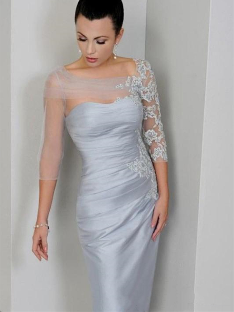 Silver Grey Mother of the Bride Dress 3/4 Long Sleeve Off Shoulder Lace Tulle Satin Pleated Wedding Party Gown Evening Formal