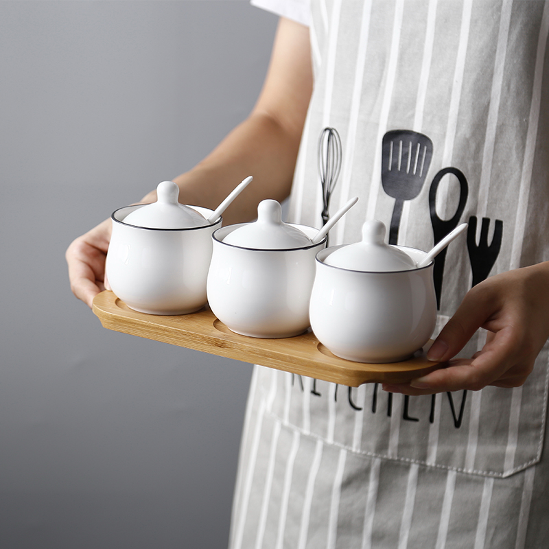 3Pcs/set Ceramic Sugar Bowl Japanese Seasoning Jar With Cover Spoon Household Seasoning Can MSG Jar Salt Shaker JJ212