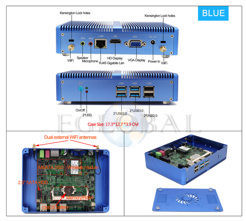 EGLOBAL Fanless Nuc Desktop Computer Intel Core i5 7200U i3 7100U DDR4 Barebone Mini PC Linux HD Graphics 4K VGA Wifi