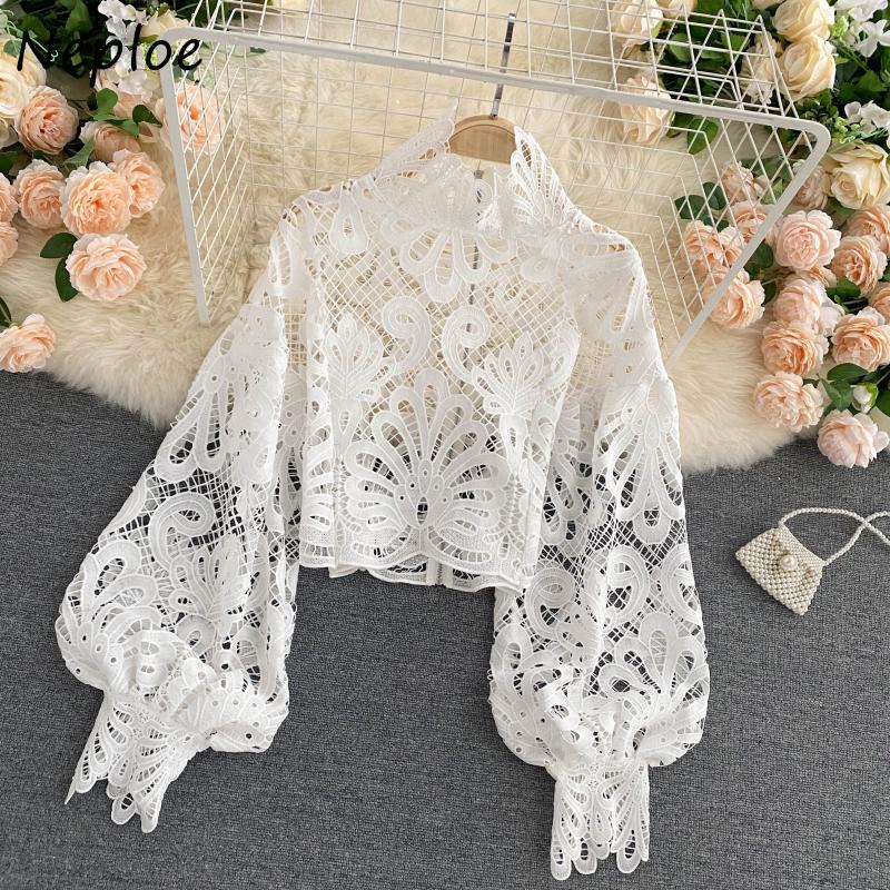 Neploe Lace Sexy Hollow Out Stand Collar Shirt Solid Color 2021 All-match Zip Femme Blusas Chic Lantern Sleeve Women Blouses