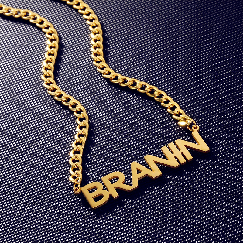 Stainless Steel Nameplate Letter Pendant & Necklace Custom Name Gold Color 5mm Cuban Chain Choker Necklaces Men Women Hip Hop