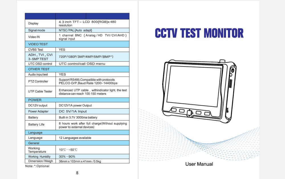 4.3 Inch HD CCTV Tester Monitor CVBS AHD CVI TVI Camera Tester 8MP 5MP 2MP 720P UTP Cable Tester PTZ UTC 12V Output