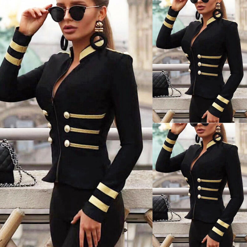 Women 2020 Winter Spring Fashion Buttoned Slim Short Biker Motorcycle Soft Sexy Zipper Jacket Coat Military style Gold Outwear