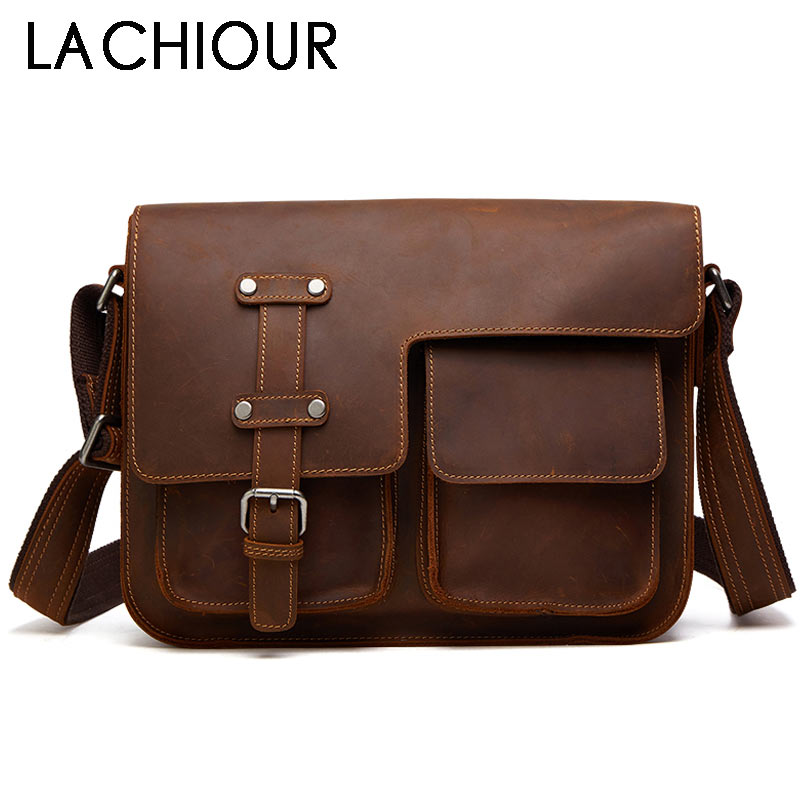 Vintage Mens Crazy Horse Leather Shoulder Bags Designer Man Messenger Bags Large Crossbody Bags Male Travel Bags Briefcases