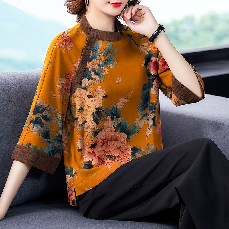 Traditional Chinese Style Clothing Women 2020 Silk Cheongsam Top Elegant Vintage Qipao Shirt Floral Print Qipao Costume 11641