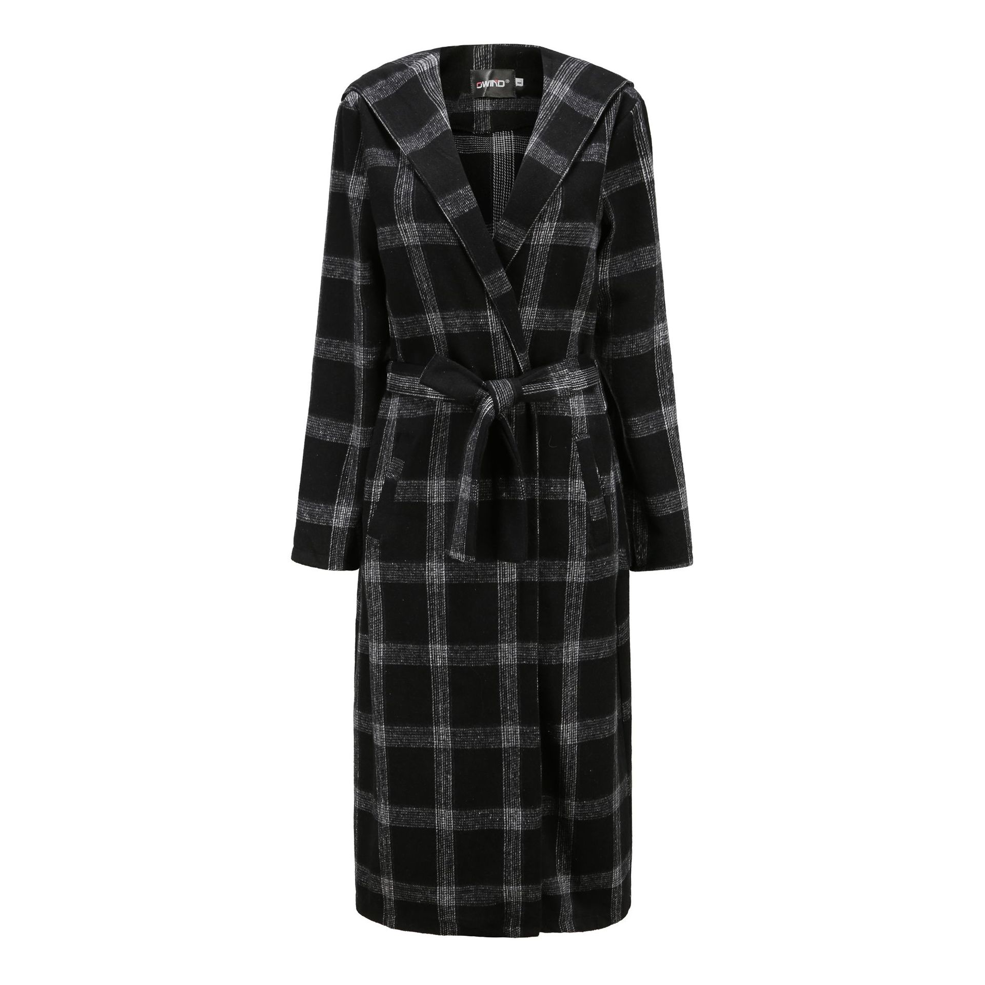 Women's Autumn Winter Lengthened Coat Black Wool Fashion Plaid Slim Jacket Blends Cashmere Overcoat Hooded Tweed Trench