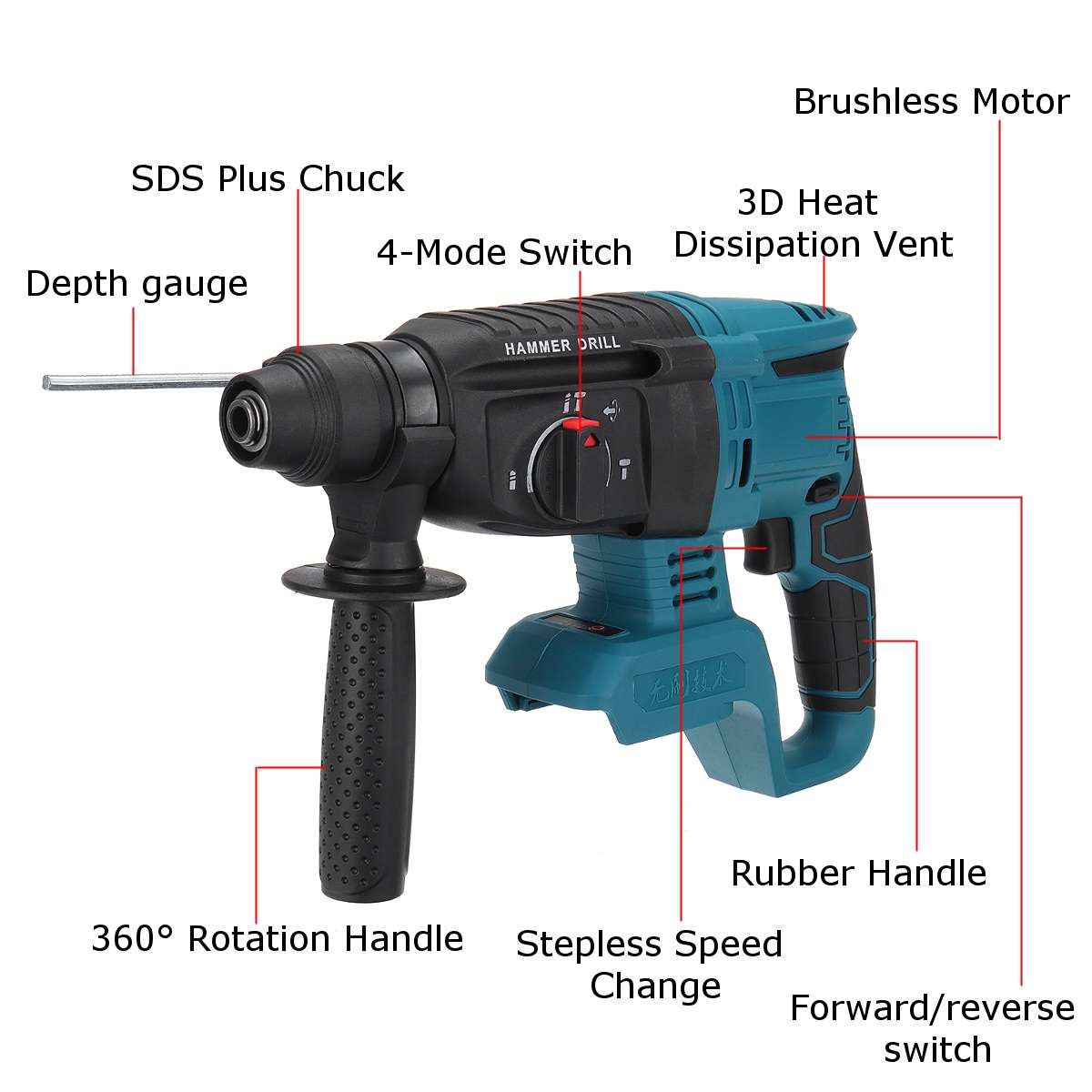 10000bpm Rechargeable Brushless Cordless Rotary Hammer Drill Impact Function Electric Hammer Impact Drill For 18V Makita Battery