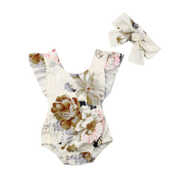 Newborn Infant Baby Girl Boys Floral Romper 2PCS Ruffles Sleeve Backless Belt Jumpsuit Headband Outfits Sunsuit Clothes