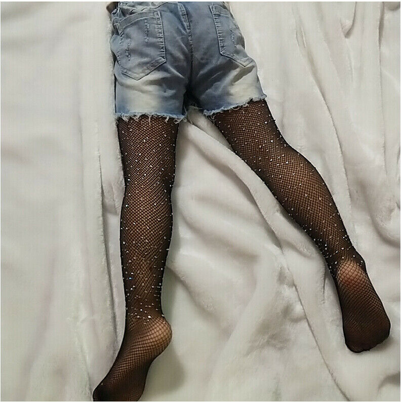 2019 Hot Kids Girls Crystal Rhinestone Fishnet Mesh Socks Stockings Tights Drilling Pantyhose Hosiery Black Pantyhose Tights